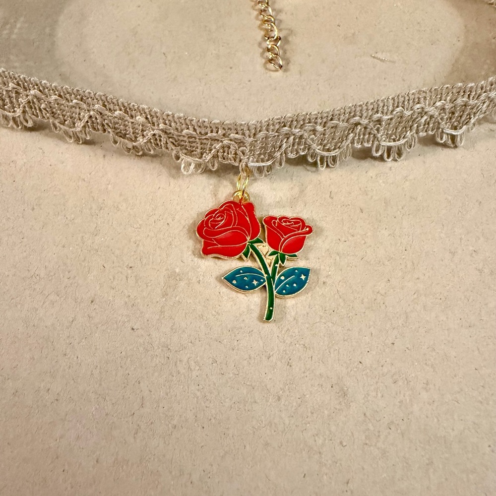 Red Rose Enamel Pendant Choker Necklace - Women Jewelry